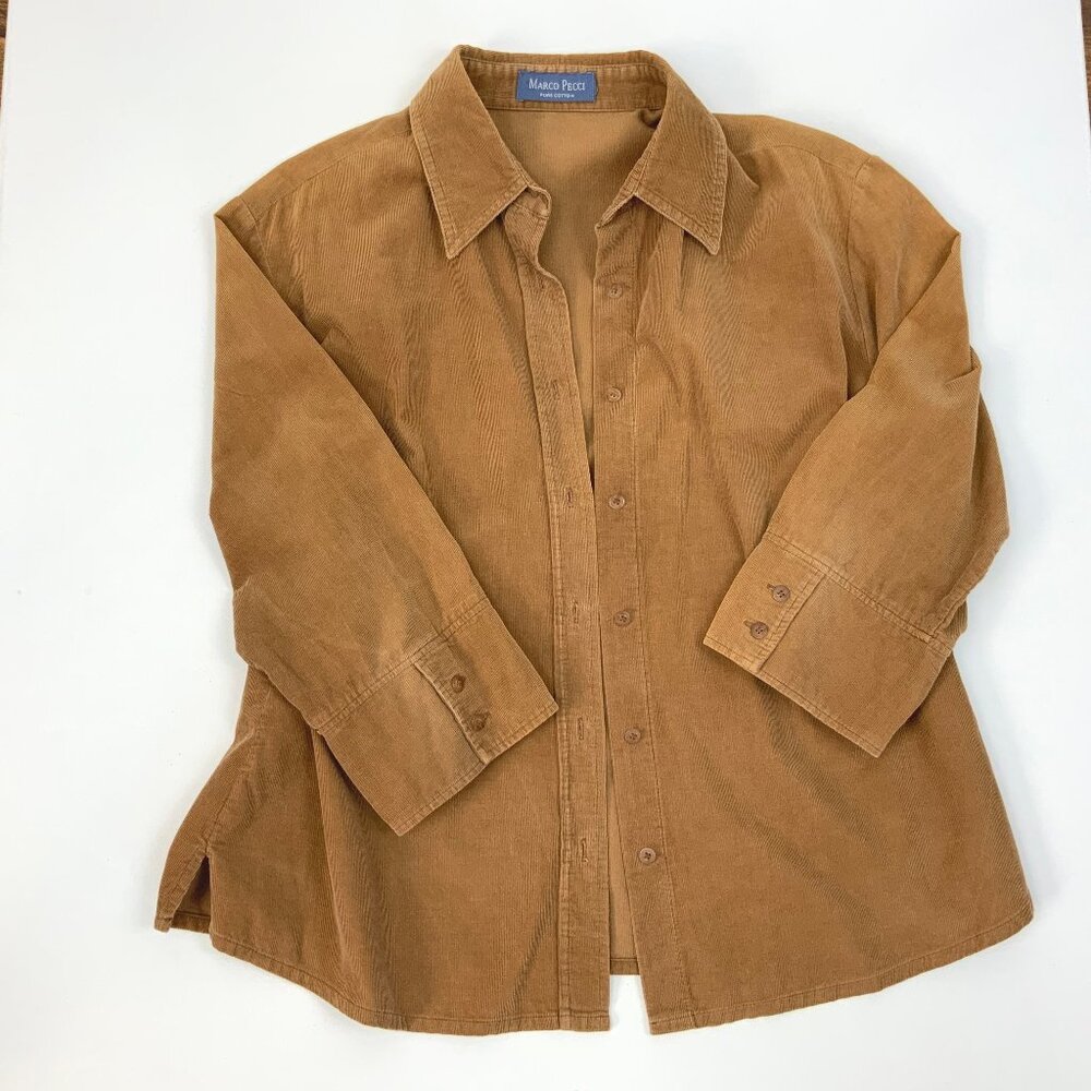 Vintage Marco Pecci Corduroy Cotton Button Up Shirt Caramel Brown Sz M